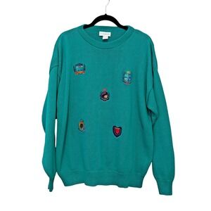 IZOD Mens Embroidered Crest Sweater Size L Green Cotton USA Grandpa Core Preppy